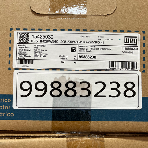 Grundfos/WEG, 3/4HP, 3x230/460VAC, 60Hz, 56C-Frame, 3450-RPM, TEFC Premium Efficient Motor - Part #: 99883238