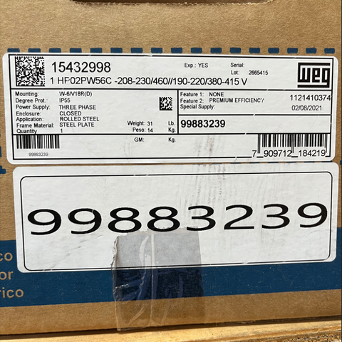 Grundfos/WEG, 1HP, 3x230/460VAC, 60Hz, 56C-Frame, 3450-RPM, TEFC Premium Efficient Motor - Part #: 99883239