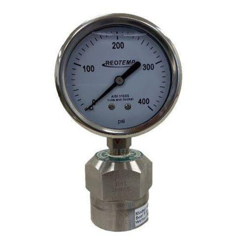 ReoTemp - Pressure Gauge Assembly - MS8 Seal - 2.5" Dial - Stem Mount - Range (0 to 400 psi) - with SS Guard - Part #: MS8P2AF2XP22-SDDDASXDP